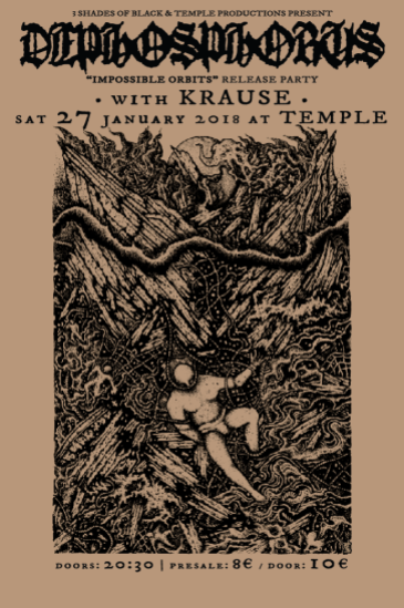 Poster by Viral Graphics for "Impossible Orbits" release gig w/ Krause @ Temple Athens 27/1/18! https://www.facebook.com/events/824278317733218/